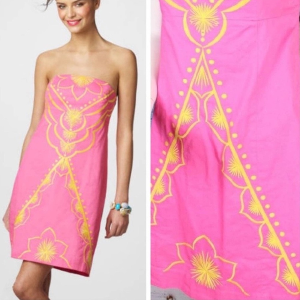 Lilly Pulitzer Bowen Hotty Pink Embroidered Strapless Dress Size 6